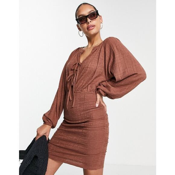 [ASOS] Brown Textured Long Balloon Sleeves Front Tie Ruched Mini Dress Size US 4 - Picture 11 of 12